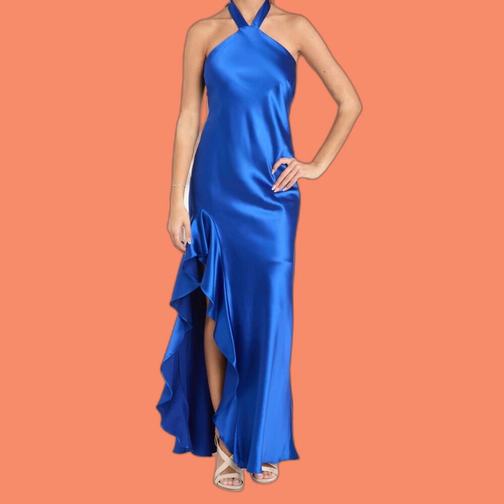 MORGAN AND CO. Satin Halter Gown W/Ruffle Side Slit Halter Size 11 Style 10220
